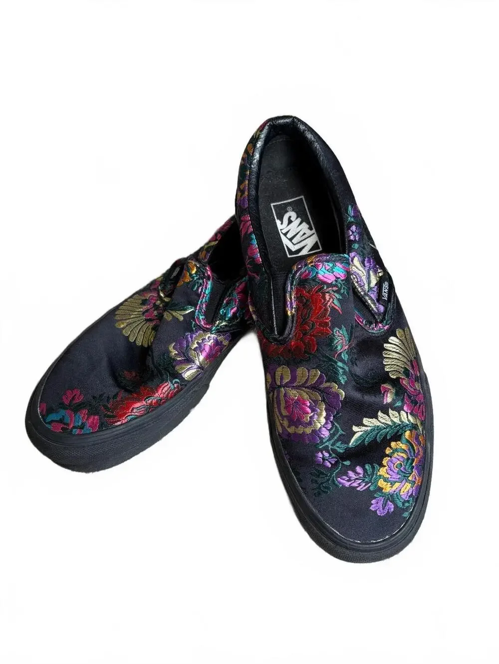 RARE VANS Slip-On Festival Satin Black Floral Brocade Embroidery W 10 M 8.5